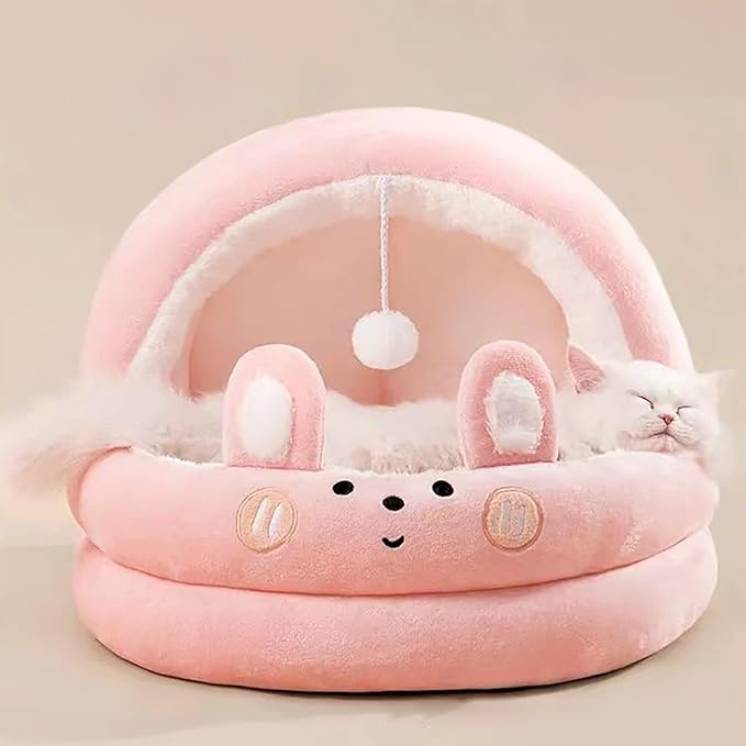 Cat Bed for Indoor Cats, Dog Bed with Anti-Slip Bottom, Rabbit-Shaped Cat/Small Dog Cave with Hanging Toy, Puppy Beds with Removable Cotton Pad, Super Soft Calming Pet Sofa Bed (Pink, Medium)