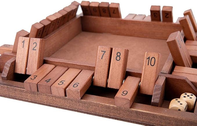 Shut The Box Game Wooden 4 Player, Classic Board Game for Kids & Adults, Educational Math Learning Toy, Table Dice Game for The Party Family or Bar - 12 Inch with 8 Dice