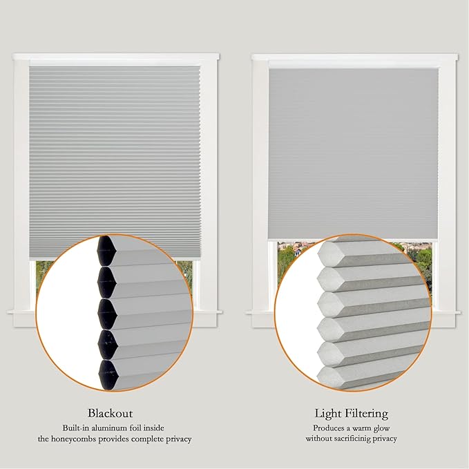 Persilux Light Filtering Cellular Blinds for Windows Pleated Cordless Roller Shades Room Darkening UV Protection Honeycomb Shades for Home, Windows and Bedroom, Dark Grey, 32" W x 48" H