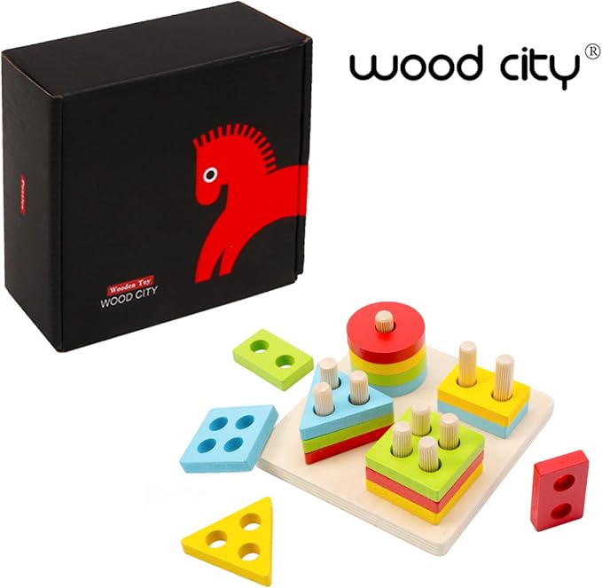 WOOD CITY Wooden Montessori Sorting & Stacking Toys for Toddlers 1 2 3 Year Old, Educational Shape Color Recognition Puzzle Stacker, Development & Learning Toys Boys Girls