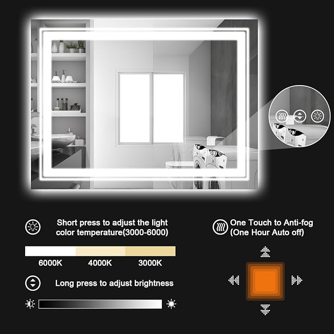 LED Bathroom Mirror, 60"X24" with Front and Backlit, Anti-Fog, Large Bathroom Vanity Mirror for Wall, Memory Function, Stepless Dimmable, Tempered Glass (Horizontal/Vertical)
