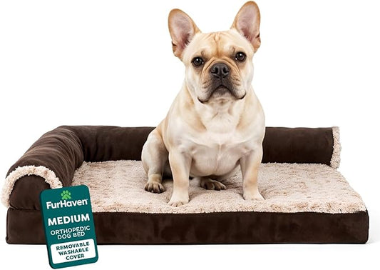 Furhaven Orthopedic Dog Bed for Medium/Small Dogs w/ Removable Bolsters & Washable Cover, For Dogs Up to 35 lbs - Two-Tone Plush Faux Fur & Suede L Shaped Chaise - Espresso, Medium,30"L x 20"W x 6"Th