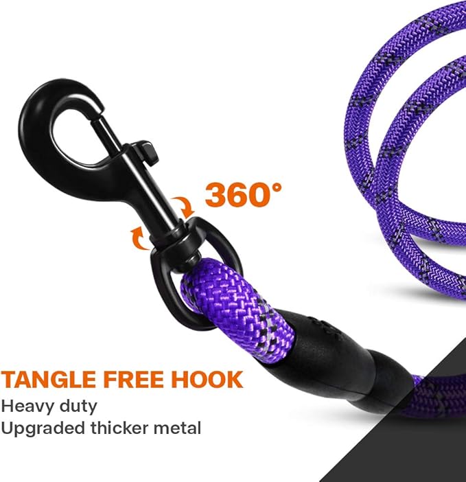 Taglory Rope Dog Leash 5 FT with Comfortable Padded Handle, Highly Reflective Threads Leash and Anti-Tangle Clip for Walking Medium Large Dogs, 1/2 inch, Purple