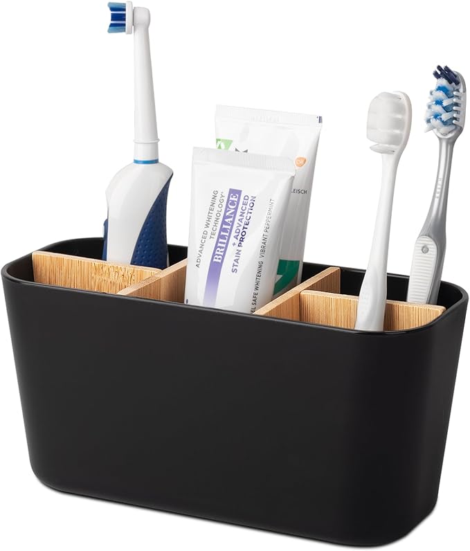 Toothbrush Holders for Bathrooms, Bamboo Tooth Brush Holder with 5 Slots Bathroom Vanity Organizer Countertop for Electric Toothbrushes, Toothpaste, Razors - Black