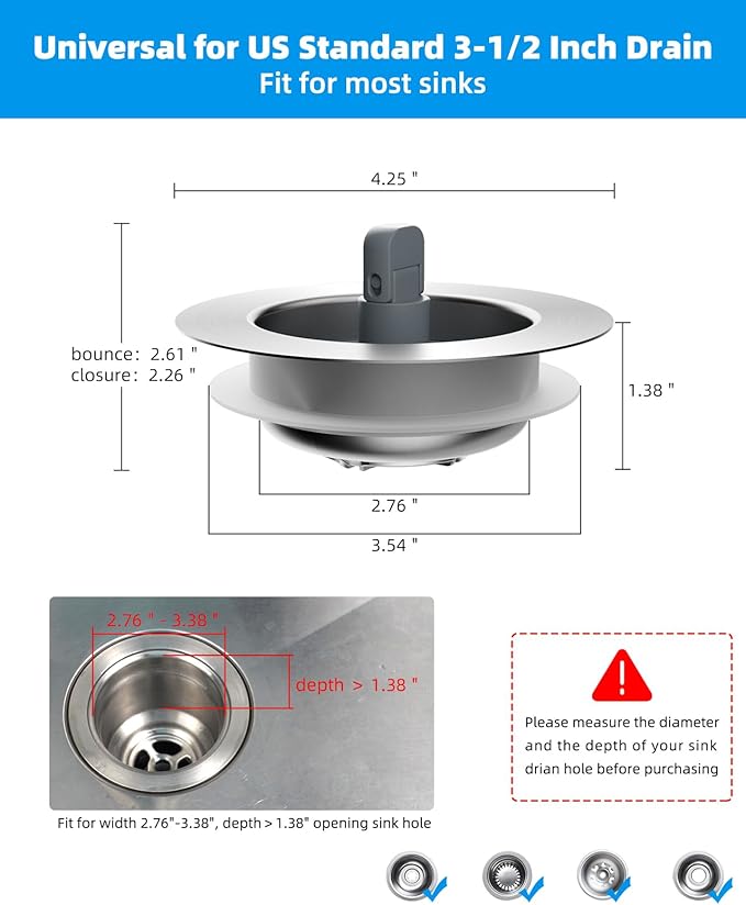 Hibbent Upgraded 3 in 1 Kitchen Sink Drain Strainer and Stopper Combo, Stainless Steel Metal Pop Up Sink Stopper, Anti-Clogging Basket with Foldable Handle for US Standard 3-1/2 Inch Drain