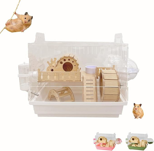 Acrylic Hamster Cage,Small Animal Houses&Habitats with Accessories,Hamster Enclosure with Stairs,Clear Pet Mice House,For Dwarf Gerbil,Dwarf Hamster,Pet Mice(White,13.78"L*10.23"W*10.83"H)