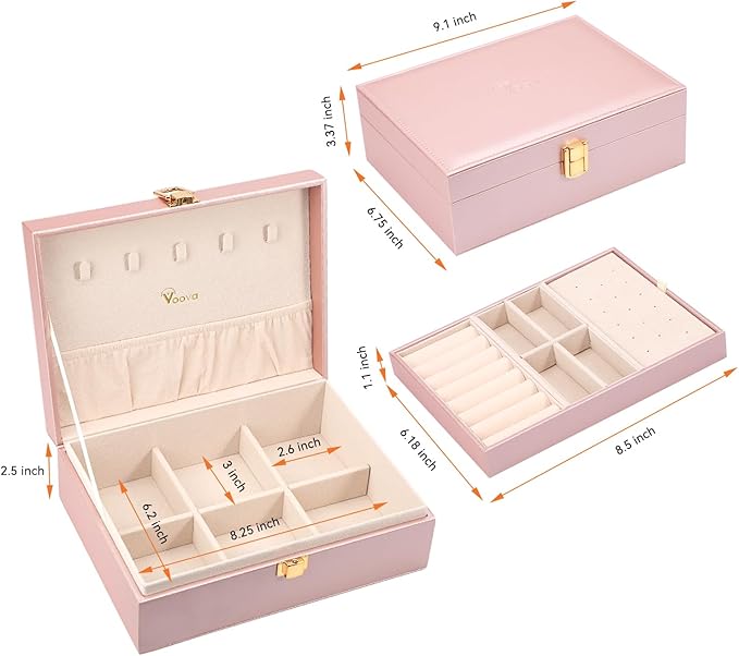 Voova Jewelry Box Organizer for Women Girls, 2 Layer Large Men Jewelry Storage Case, PU Leather Display Jewellery Holder with Removable Tray for Necklace Rings Bracelets,Vintage Gift,Rose Gold