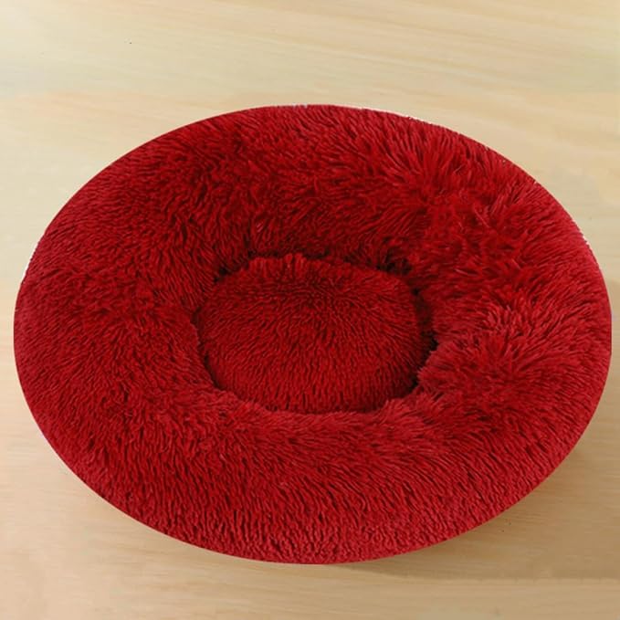 Calming Large Dog Bed Cat Bed, 40 Inch Donut Fluffy Anti-Anxiety Round Bed Washable Cute Bed, Cuddler Warming Cozy Soft Bed, Plush Cushion Bed for Small Medium Dogs and Cats (Red)