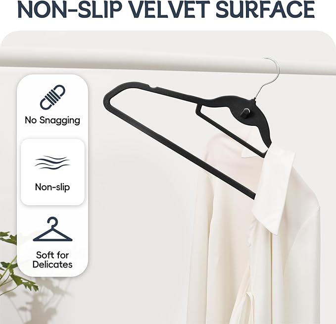 Velvet Stackable Hangers 50 Pack Black, Non Slip Space Saving Felt Hanger with Cascading Hooks, Ultra Thin and 360° Swivel Hook, Heavy Duty for Suit Shirt Pant