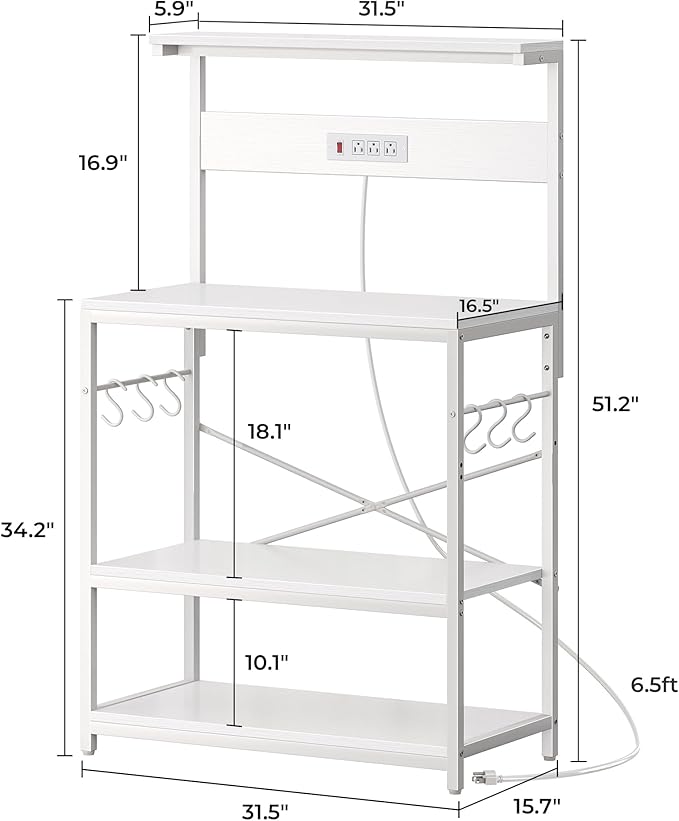 SUPERJARE Bakers Rack with Power Outlets, Microwave Stand, 31.5 X 16.5 Inch Larger Desktop, Kitchen Storage Rack with Adjustable Middle Shelf, 6 S-Shaped Hooks, Coffee Bar Stand, White