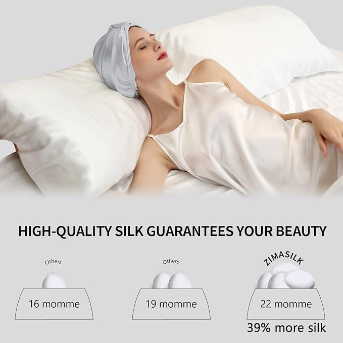 ZIMASILK 22 Momme 100% Mulberry Silk Bonnet for Sleeping & Women Hair Care, Highest Grade 6A Silk Hair wrap for Sleeping with Premium Elastic Stay On Head (1Pc, Light Grey)