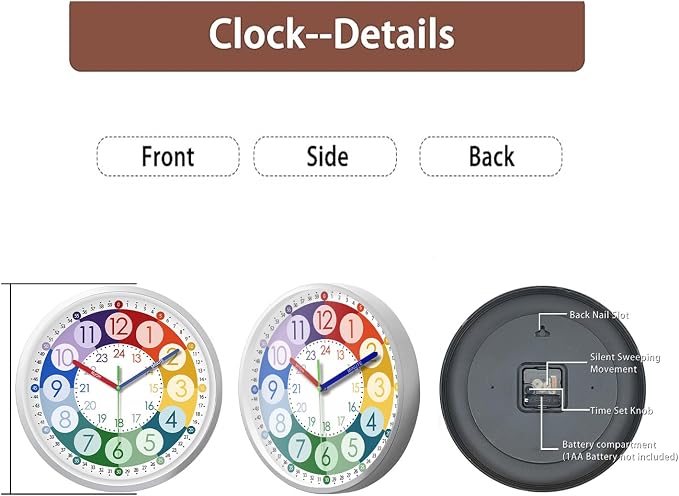 XFM 2 Pieces Learning Clock for Kids 8 Inch Silent Wall Clocks Battery Operated