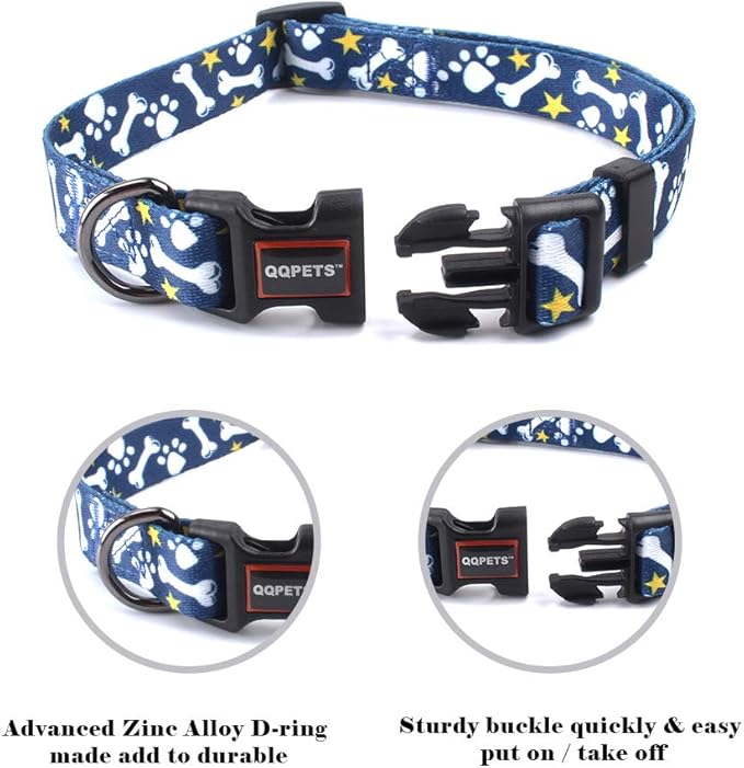 QQPETS Adjustable Soft Dog Collar: Print Flower Pink Multicolor Cute Patterns for XS Small Medium Large Pet Girl Boy Puppy Walking Running Training (L, Bone)