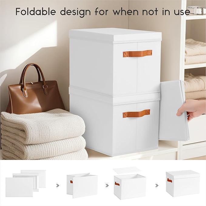 Storage Bins with Lids - Fabric Storage Baskets for Shelves, 6 Pack Foldable Decorative Boxes with Handles, Stackable Organizer Bins for Home, Nursery, Dorm, White