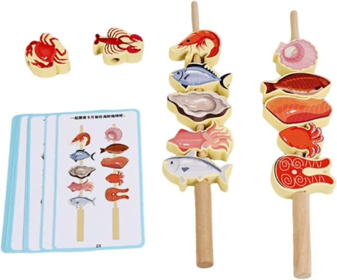 Menolana Children Cognitive Game Fruit Threading Toy Set with Wooden Lacing Beads Pattern Cards Stacking Creative Role Play Props Suitable for Preschool Activities Group, Seafood Skewers