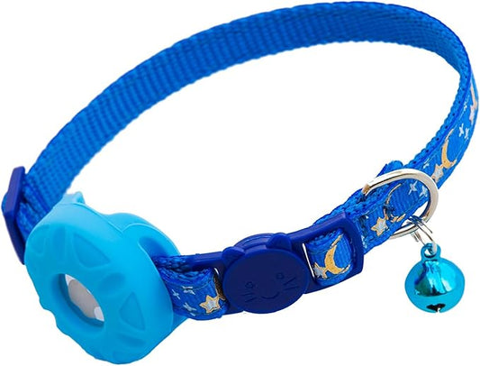 Airtag Cat Collar Breakaway, Safety Kitten Collar with Apple Airtag Holder, GPS Cat Collar with Bell, Lightweigh Tracker Cat Collars for Girl Boy Cats, Kittens and Puppies (Blue Moon)