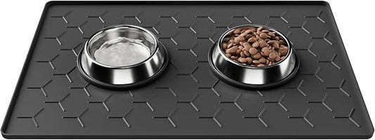 Pieviev 24''x16'' Dog Cat Food Bowl Mat, Silicone Waterproof Food Grade Pet Food Mat for Floor, High Raised Edge to Prevent Spills, Non-Slip & Easy Clean Pet Placemat for Dog & Cat Bowls, Black