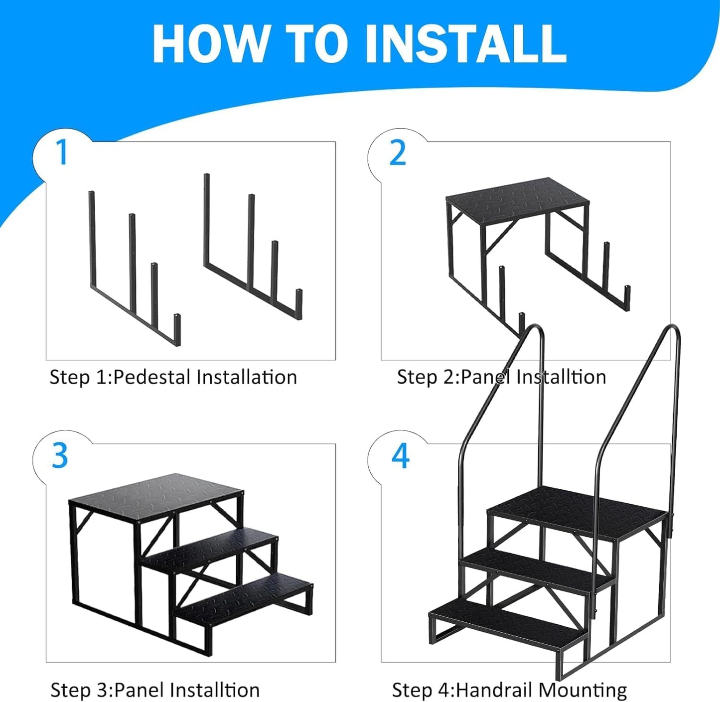 RV Step 3 Step Ladder, Upgrade RV Step with Handrails, Heavy Duty RV Stairs with Anti-Slip Pedal Hot Tub Steps, Removable Camper Step for Spa/Porch/Pet/Mobile Home（2 Handrails