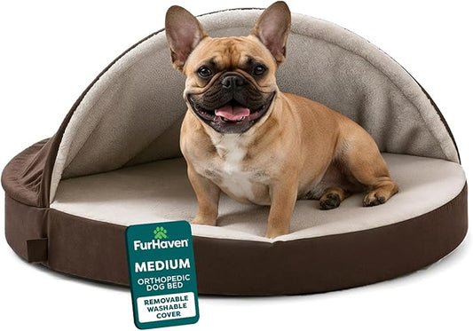 FurHaven Round Orthopedic Dog Bed for Medium Dogs, Egg Crate with a Solid Orthopedic Foam Base with Attached Blanket Hood and Removable Washable Cover, Medium, Sherpa & Suede Snuggery, Espresso