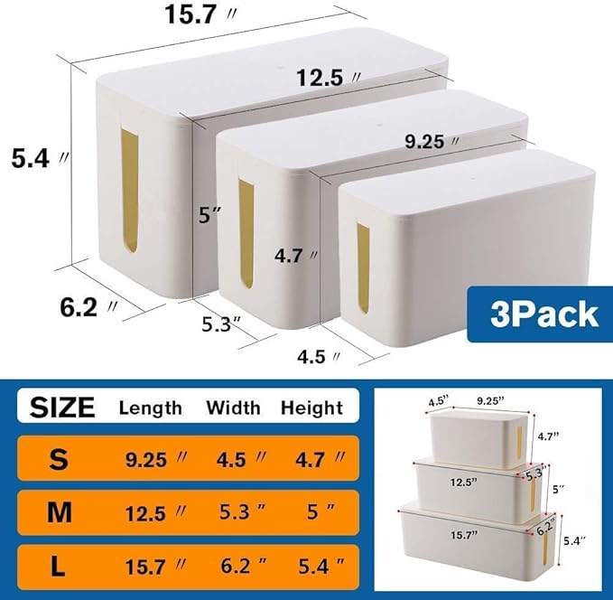 Cable Management Boxes, Set of 3 Sizes – White