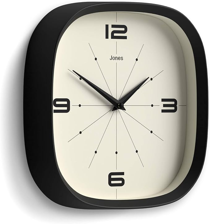 JONES CLOCKS® Pulsar wall Clock | Square Rounded Retro Clock | 10 inch | Black
