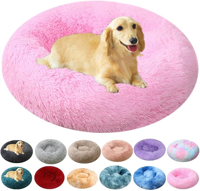 Calming Dog Bed Cat Bed, 36 Inch Donut Fluffy Anti-Anxiety Round Bed Washable Cute Bed, Cuddler Warming Cozy Soft Bed, Plush Cushion Bed for Small Medium Dogs and Cats (Bright Pink)