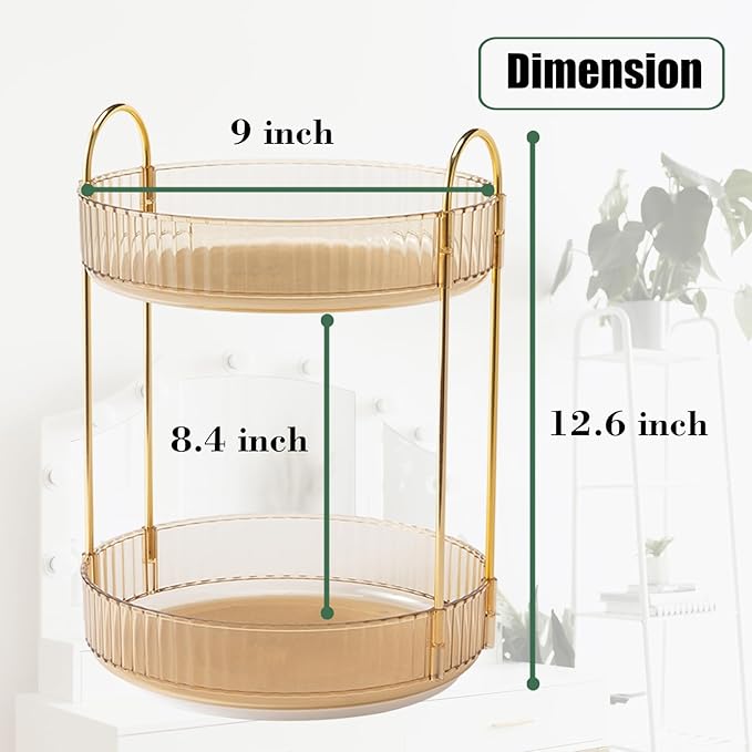 Rotating Makeup Organizer Countertop 2 Tier Lazy Susan Trays Clear Skincare Perfume Storage for Bathroom Counter Vanity, Amber Gold