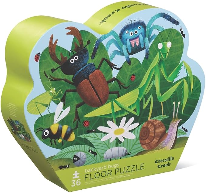 Crocodile Creek 36-Piece Jigsaw Floor Puzzle - Fun Floor Puzzles for Kids Ages 3-5 - Heavy-Duty Shaped Box for Storage - Backyard Bugs - 24" W x 18" H Finished