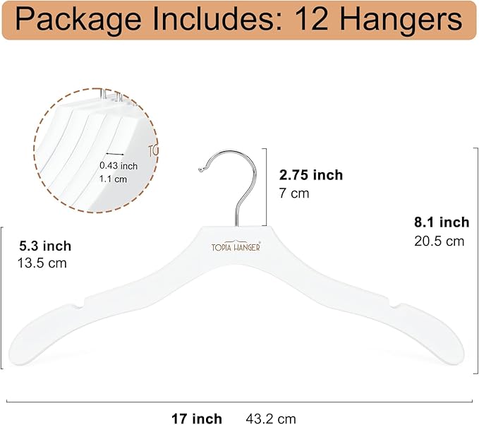 TOPIA HANGER Wooden Coat Hangers 12 Pack, Premium Wood Suit Sweater No Shoulder Bump Hangers, 360° Swivel Hook and Cut Notches Clothes Hangers for Sweater, Coat, Shirts, Hoodies, Dress, White CT84W