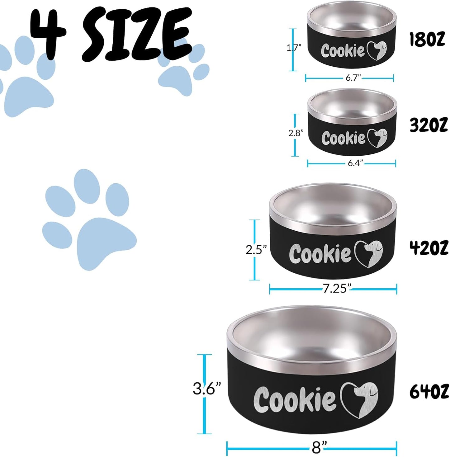 64OZ Personalized Dog Bowl Laser Engraved Custom Pet Name 18/32/42/64 oz No Slip Stainless Steel Insulated Bite-Resistant Food Water Dishes-White