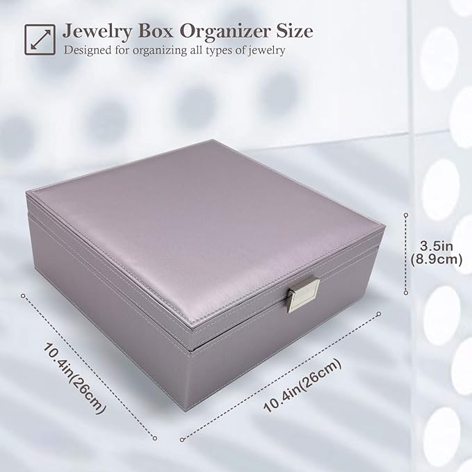ProCase Jewelry Box for Women, 2 Layers Large Leather Jewelry Organizer Storage Case with Removable Pad for Earrings -Pearlizedsilver