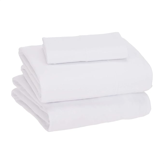Amazon Basics 3 Piece Bed Sheet Set, 100% Cotton Jersey, Includes Super Soft, Flat and Fitted Sheets, Pillowcase, Twin, White, Solid