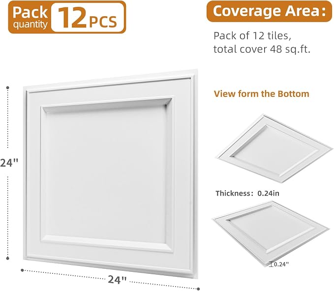 WOWSTAR 12-Pack 24"x24" Drop Ceiling Tiles, Waterproof Glue up Ceiling Panels