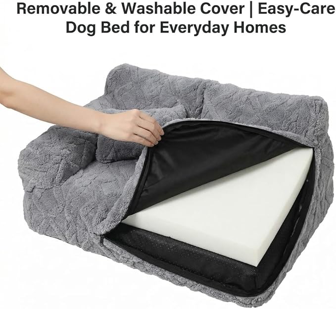Plush Calming Pet Sofa Bed, Raised Rim, Removable Cover & Non-Slip Bottom for Cats & Dogs, Calming Dog Bed Fluffy Plush Dog Mat for Furniture Protector with Removable Washable Cover (Khaki, Small)