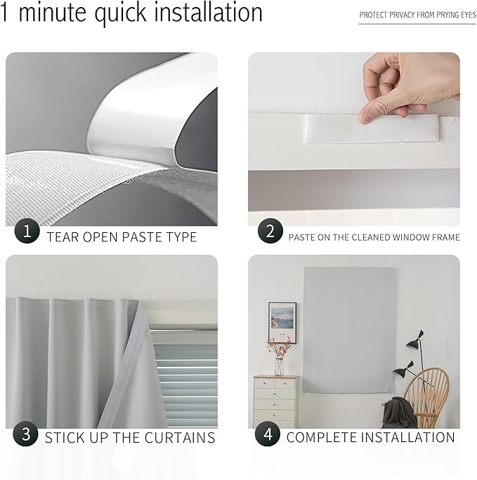 Self Adhesive Curtains Portable Blackout Curtain Simple and Easy to Install Bedroom Window Thermal Lnsulated Kitchen Room Darkening Black Small Drapes, 59" W X 96" L, White, 1 Panel