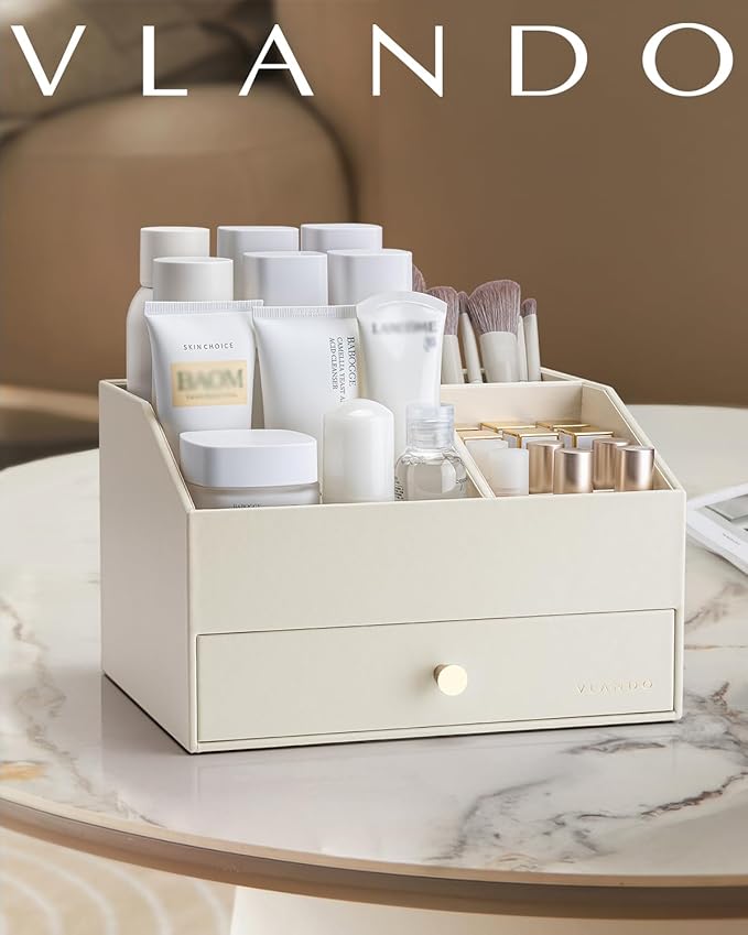 Vlando Makeup Organzier,Vanity Organizer with Drawers, PU Leather Skincare Organizer Perfume Organizer,Large Cosmetic Display Case for Lipstick,Brushes Gifts for Women-Beige