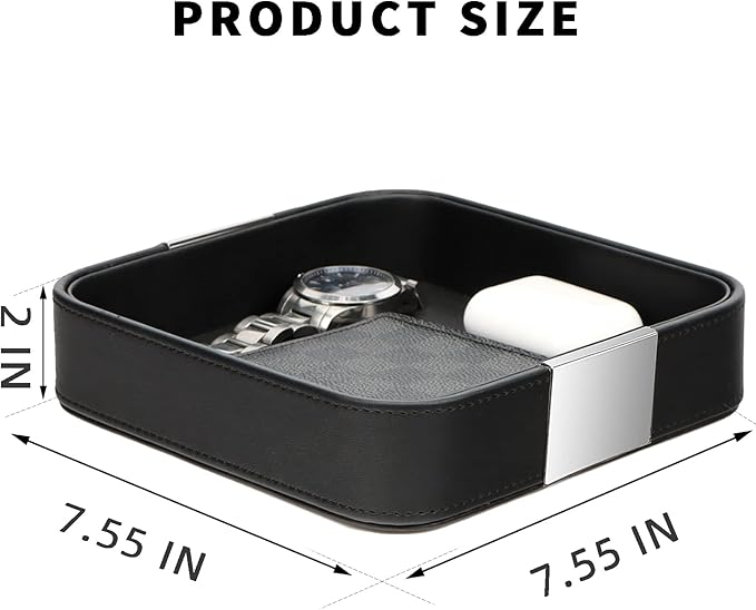 SANZIE Luxury Leather Desktop Storage Small Catchall Organizer Decorative Tray for Entryway Table to Hold Jewelry Watch Cosmetics Keys Phone Wallet, Home & Office Accessories (Metal Silvered, Black)
