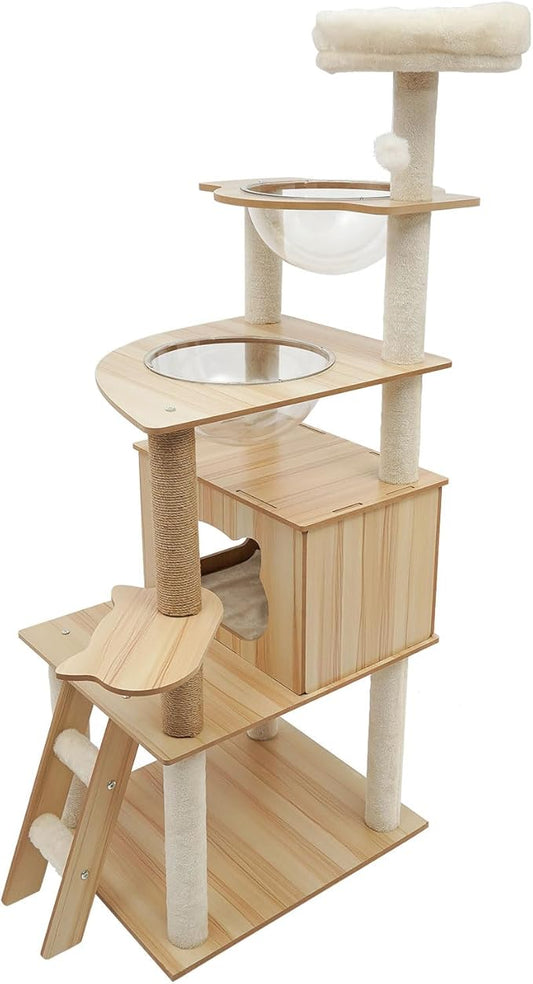 Wood Cat Tree, Modern 5-Tier Wooden Cat Tree, Wooden Tower with Acrylic Space Capsules & Sisal Scratching Post, 55.1in Multi-Level Activity Center for Indoor Cats (22lbs Capacity)