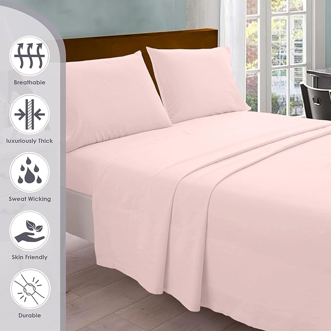 Pizuna Pure 100% Cotton Crisp Sateen Sheets - Full Size, Long Staple, 800 Thread Count, 15" Deep Pocket (Combed Light Pink Cotton Sheets)
