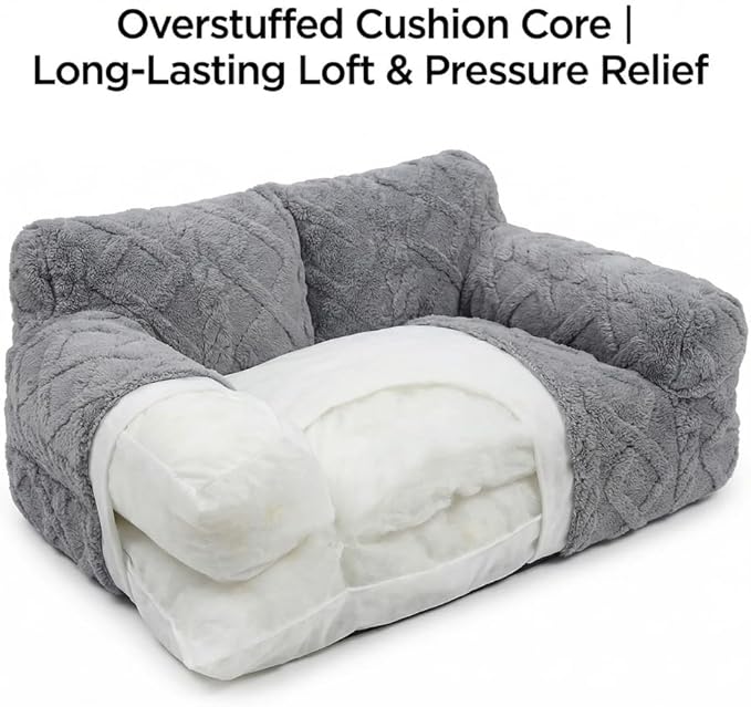 Plush Calming Pet Sofa Bed, Raised Rim, Removable Cover & Non-Slip Bottom for Cats & Dogs, Calming Dog Bed Fluffy Plush Dog Mat for Furniture Protector with Removable Washable Cover (Beige, Large)