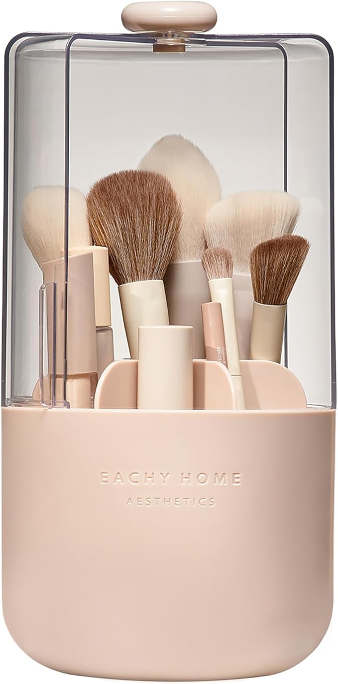 EACHY Makeup Brush Holder 360° Rotating with Dustproof Lid, Waterproof Material, 7 Compartments for Organized Storage, Stylish and Durable Design for Vanity (Pink)