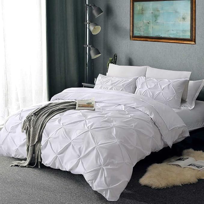 Pinch Pleated Duvet Cover Set 100% Cotton 3PC Calking Size 98x104 Duvet Cover Set, Decorative Pinch Design White Duvet Cover with Matching Pillow Case