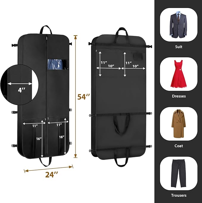 KEEGH Garment Bags for Travel 54" Tri-fold Garment Bag for Dresses Long Suit Bags Dress Bags for Closet Storage Hanging Clothes for Suit Coats Tuxedos Dresses with 4 Big Pockets, Black