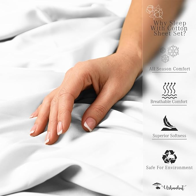URBANHUT 1000 Thread Count Egyptian Cotton Sheets Twin Size, Long Staple Soft & Breathable, 3 Pc Bed Sheet Sets, Luxury Hotel Sateen Sheets Fits 16" Deep Pocket - White
