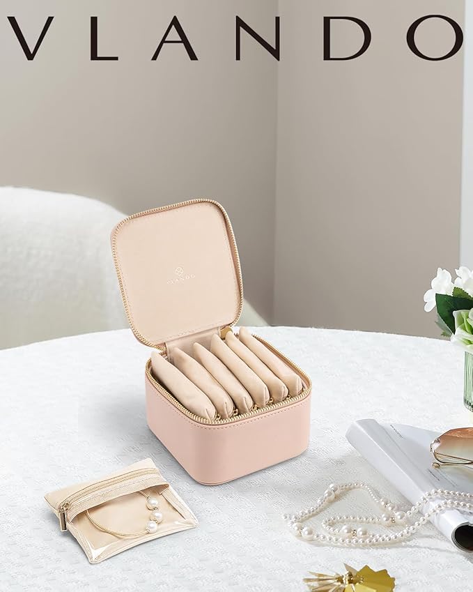 Vlando Small Jewelry Box Organizer,Travel Jewelry Storage with 6 Velvet Jewelry Zipper Pockets,Travel Jewelry Case Birthday Gifts for Women Girls(Khaki)