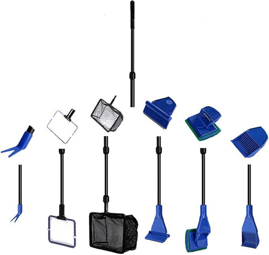 Aquarium Cleaning Tool Set, Fish Tank Cleaning 6-in-1 Set with Nets, Sponge Brush, Plant Fork, Scraper, Rake