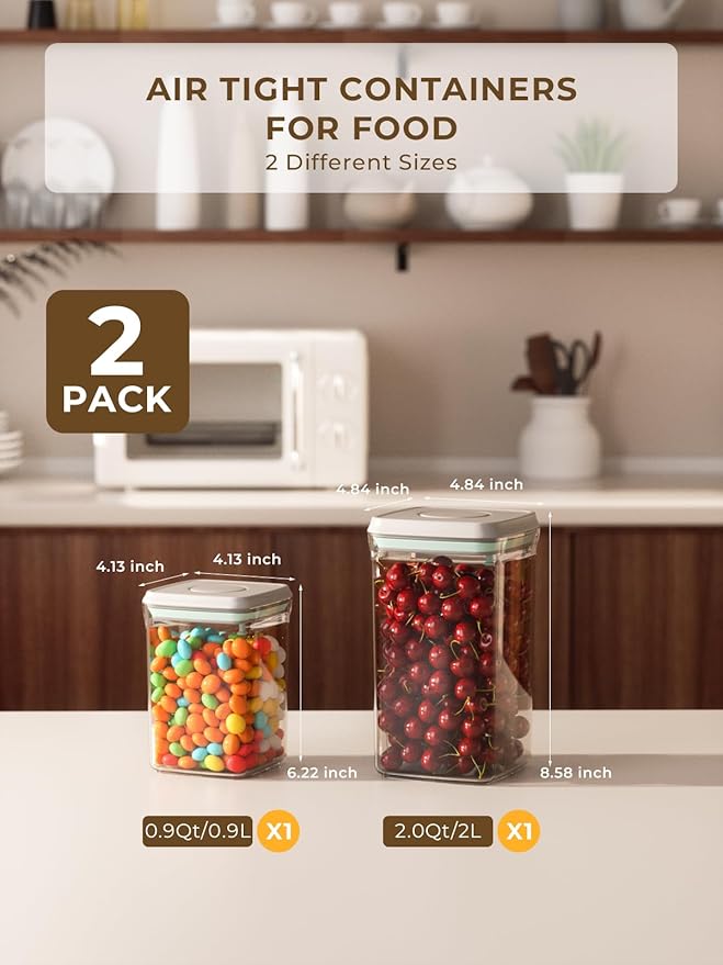 Airtight Food Storage Containers with Lids, Pop Top Containers for Pantry Organization, Air Tight Kitchen Storage Containers for Snacks, Cereal, Flour & Sugar – Set of 2 (2.0Qt & 0.9Qt)