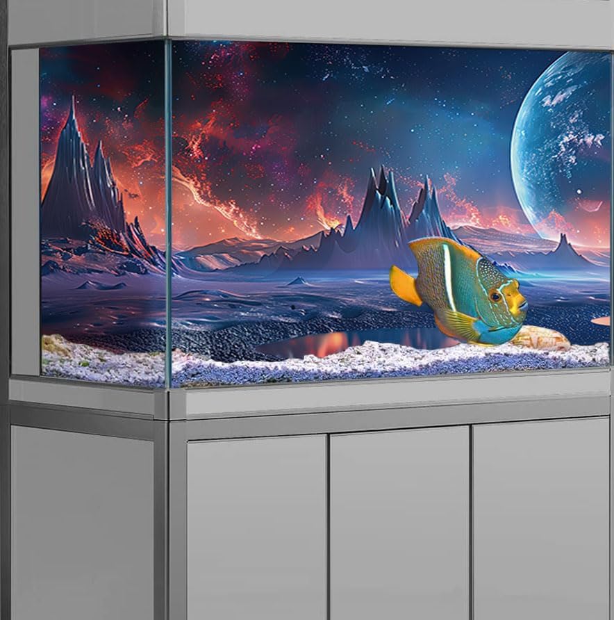 Scarlet Cosmic Aquarium Background,Cool Galaxy Parallel Space Themed Fish Tank Background, Tropical Desert Terrarium Background 36X20IN with 8 EVA Double-Sided Tape