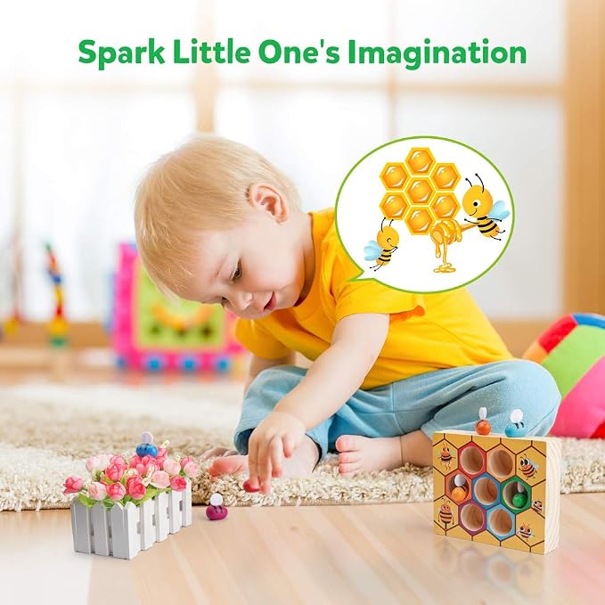 Coogam Toddler Fine Motor Skill Toy, Clamp Bee to Hive Matching Game, Montessori Wooden Color Sorting Puzzle, Early Learning Preschool Educational Gift Toy for 3 4 5 Years Old Kids