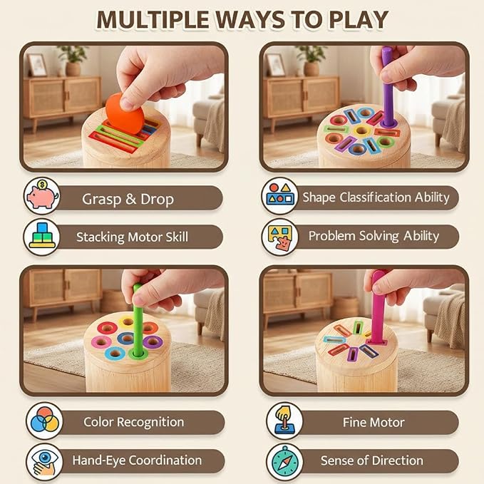 Wooden Montessori Toys for 1, 2,3 Year Old | 3 in 1 Fine Motor Skills , Learning Color Matching Sorting Sensory - Christmas, Birthdays for Toddler Boy Girls - 18 Month